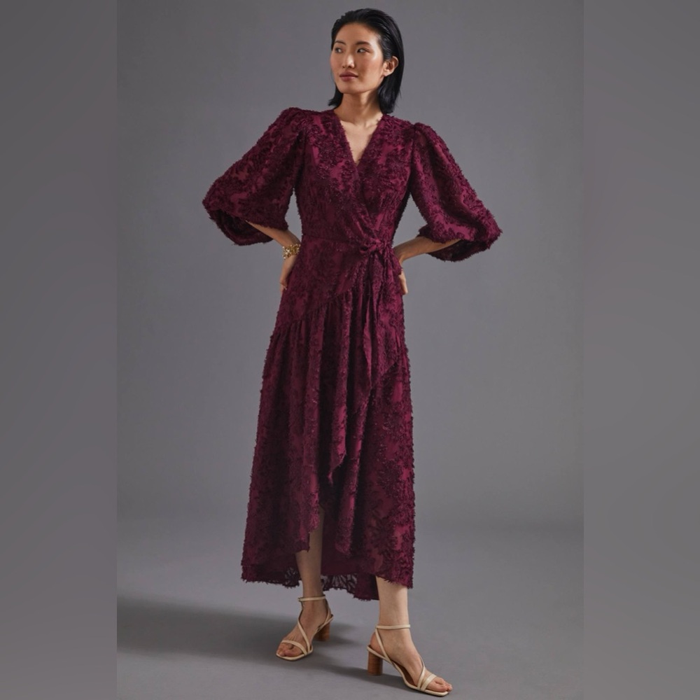 Anthropologie Womens Hutch Burgundy Rosa Floral Wrap Maxi Dress Size Small